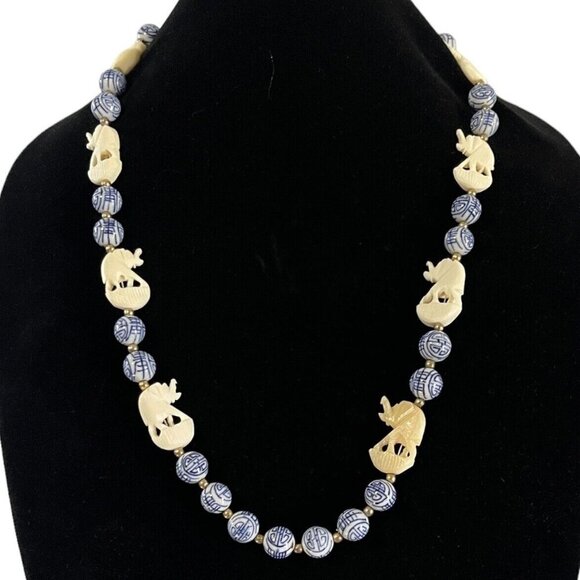 Vintage Chinese‎ Porcelain Bead Bovine Elephant Necklace & Earring Set Long Life - Picture 1 of 12